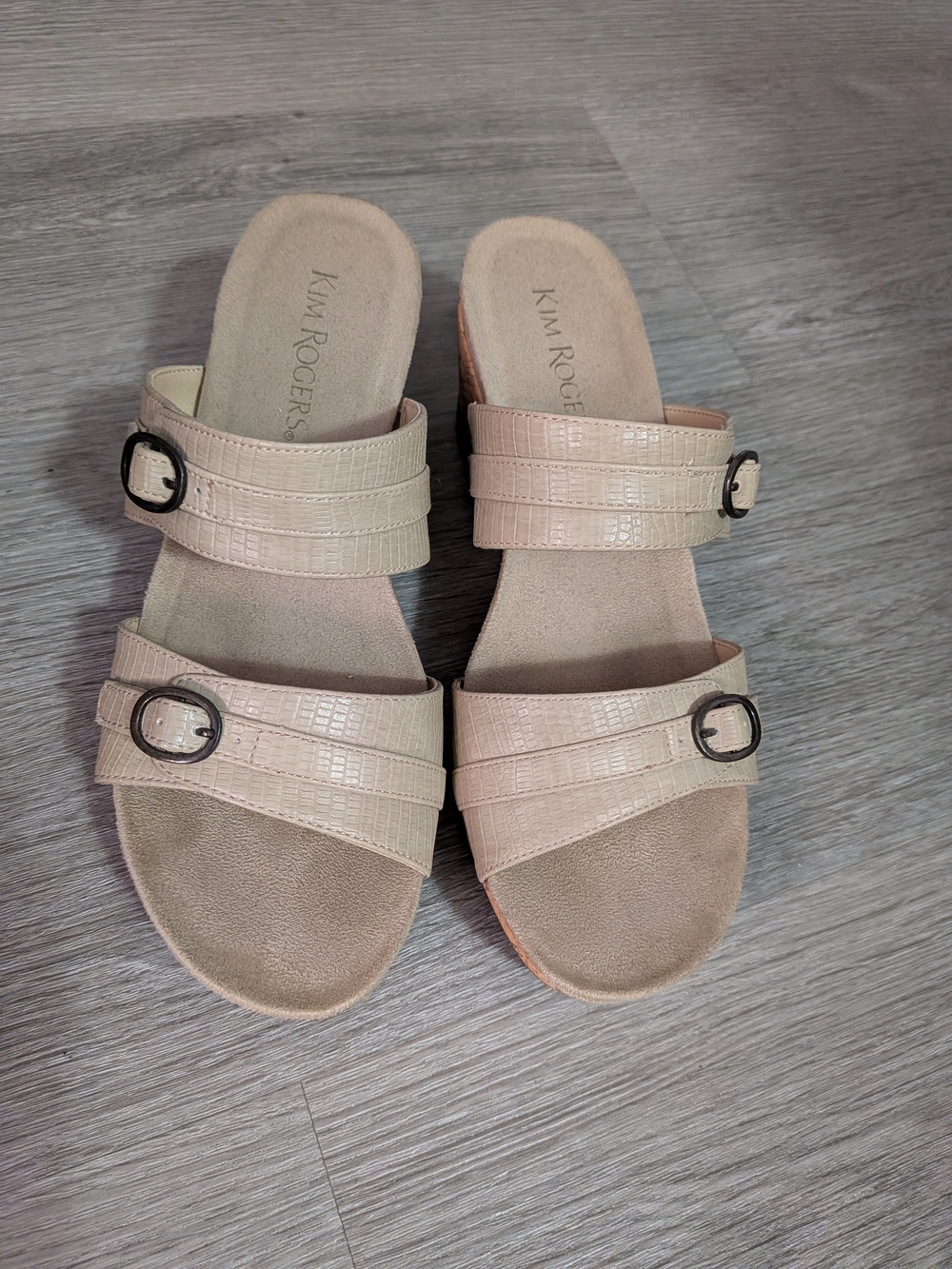 Kim Rogers Neutral Croc-Textured Dual Buckle Slide Sandals
